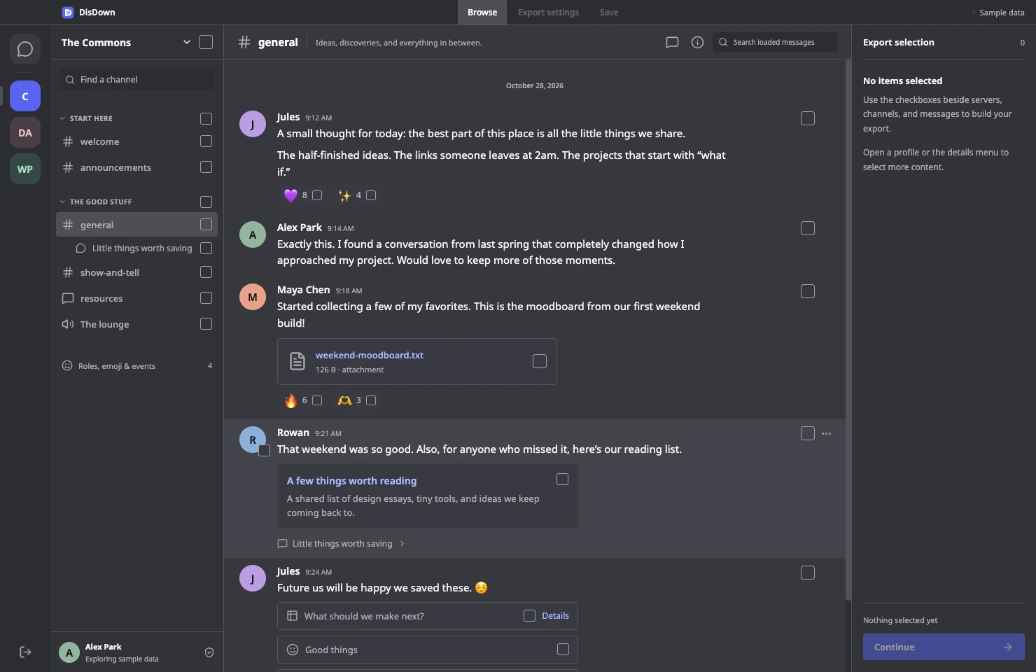 DisDown showing The Commons sample workspace with messages, attachments, reactions, and individual selection checkboxes.