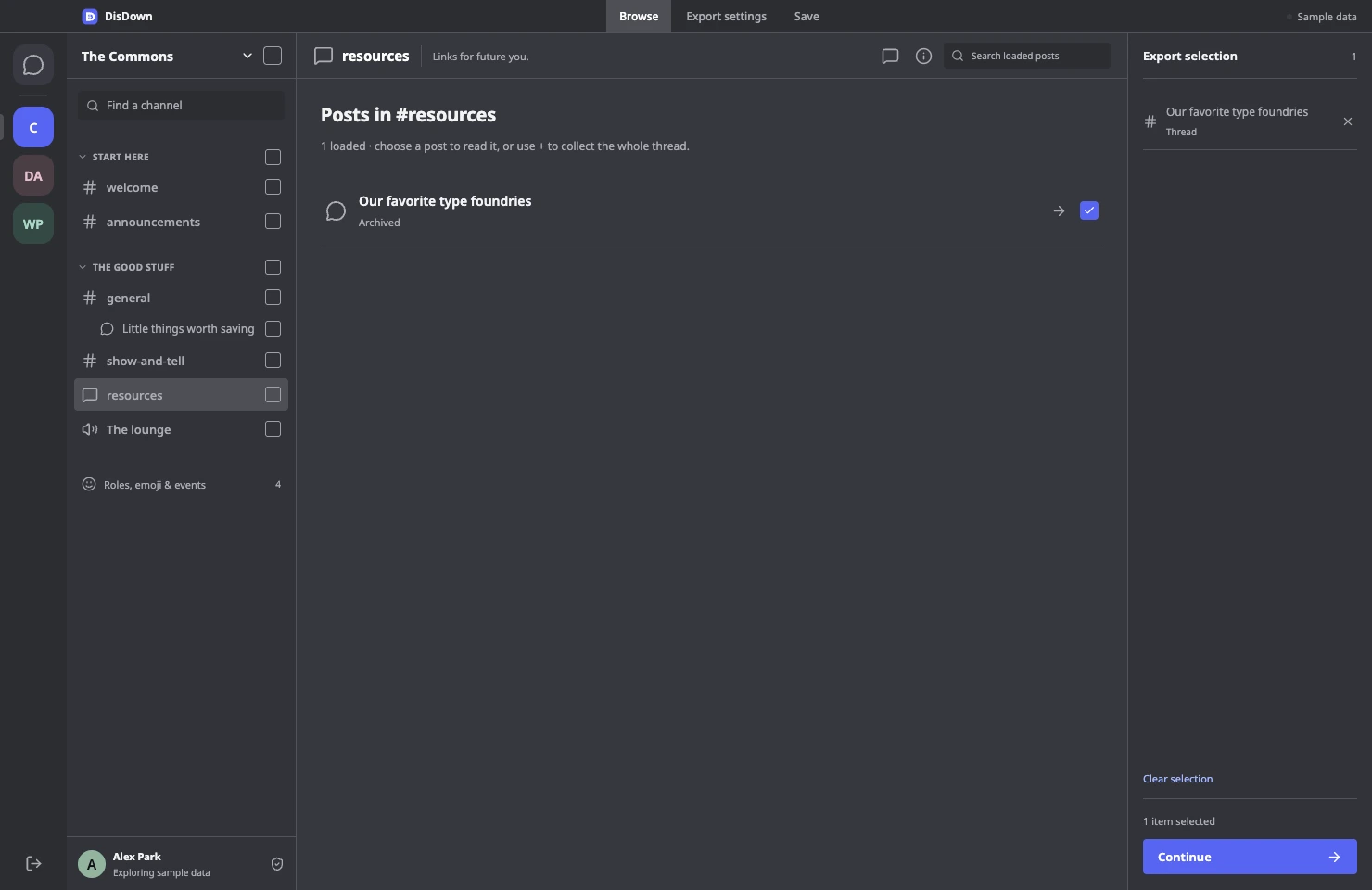 A real DisDown sample-data screenshot showing an archived forum post selected for export.