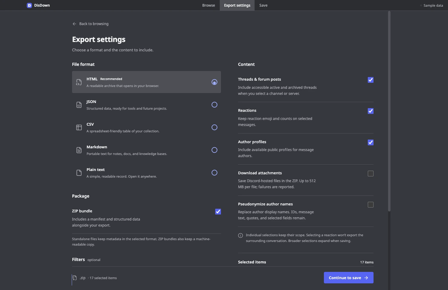 DisDown export settings with five formats, optional threads, reactions, profiles, attachment downloads, and filters.